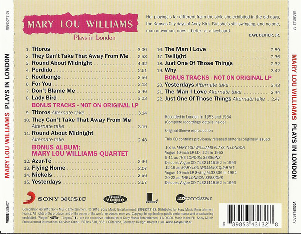 Mary Lou Williams Plays In London cdback